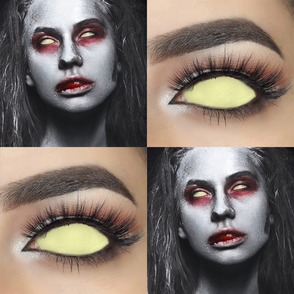 Blind yellowish 22mm sclera contact lenses which entirely cover the sclera and iris
