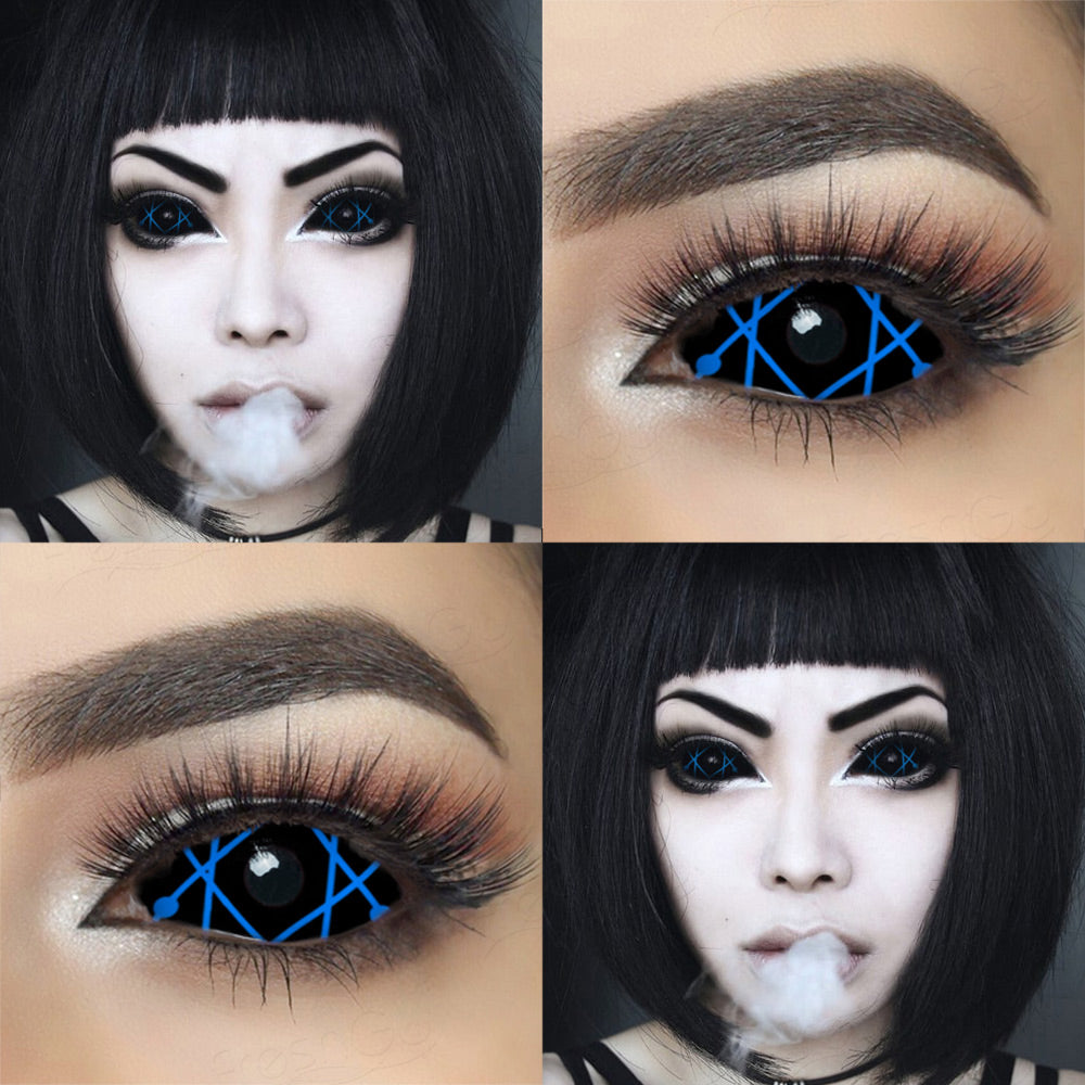 Black and blue 22mm sclera contact lenses which entirely cover the sclera and iris