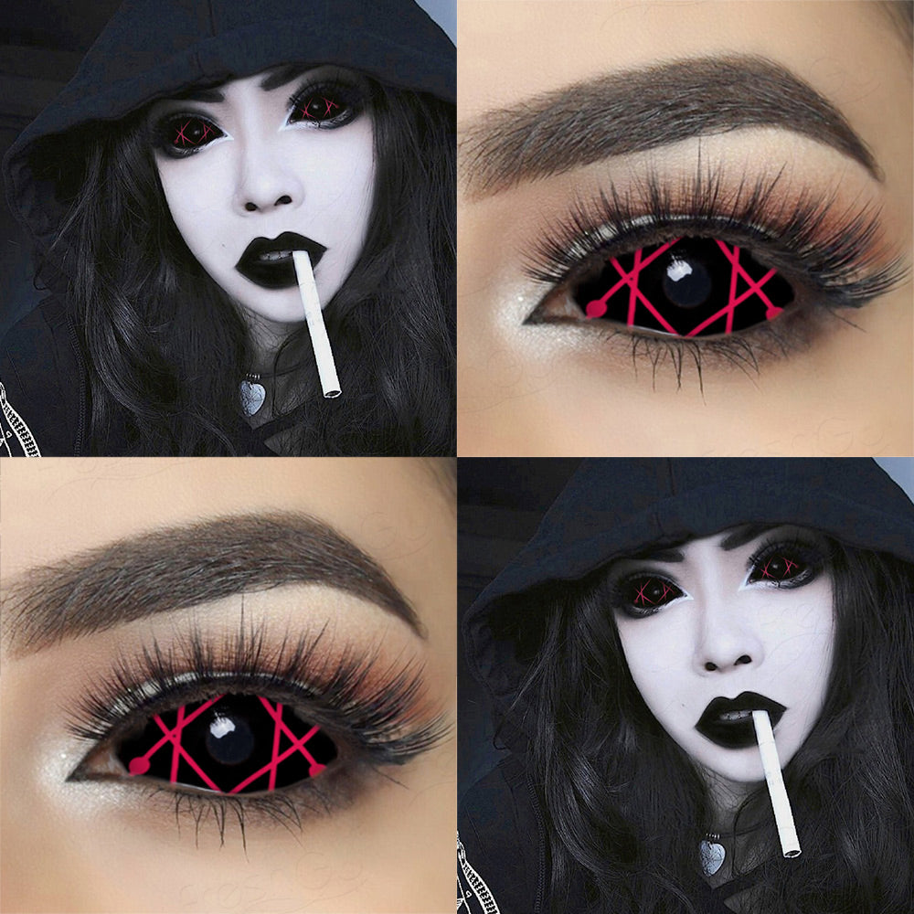 Black and red 22mm sclera contact lenses which entirely cover the sclera and iris