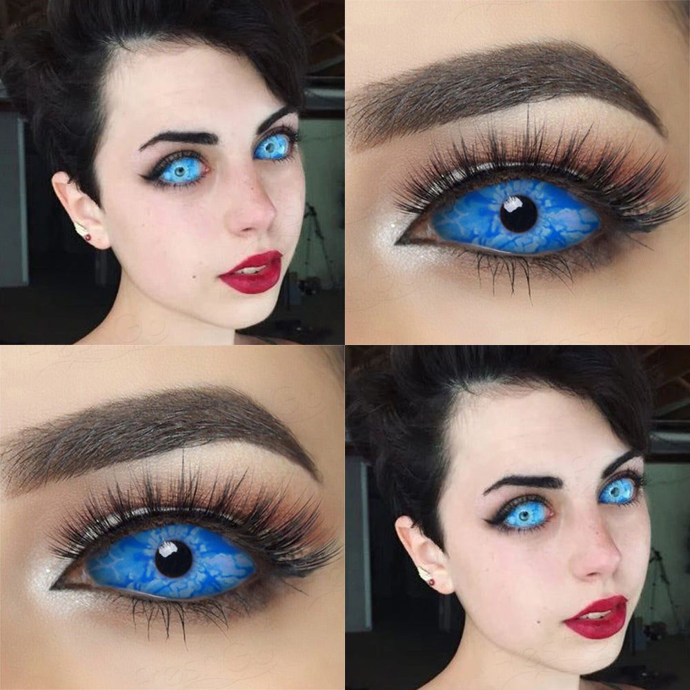 Light blue and white 22mm sclera contact lenses which entirely cover the sclera and iris