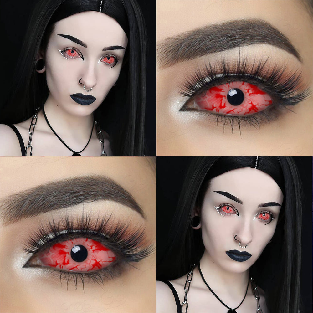 Extreme bloodshot sclera design, these 22mm sclera contact lenses entirely cover the sclera and iris
