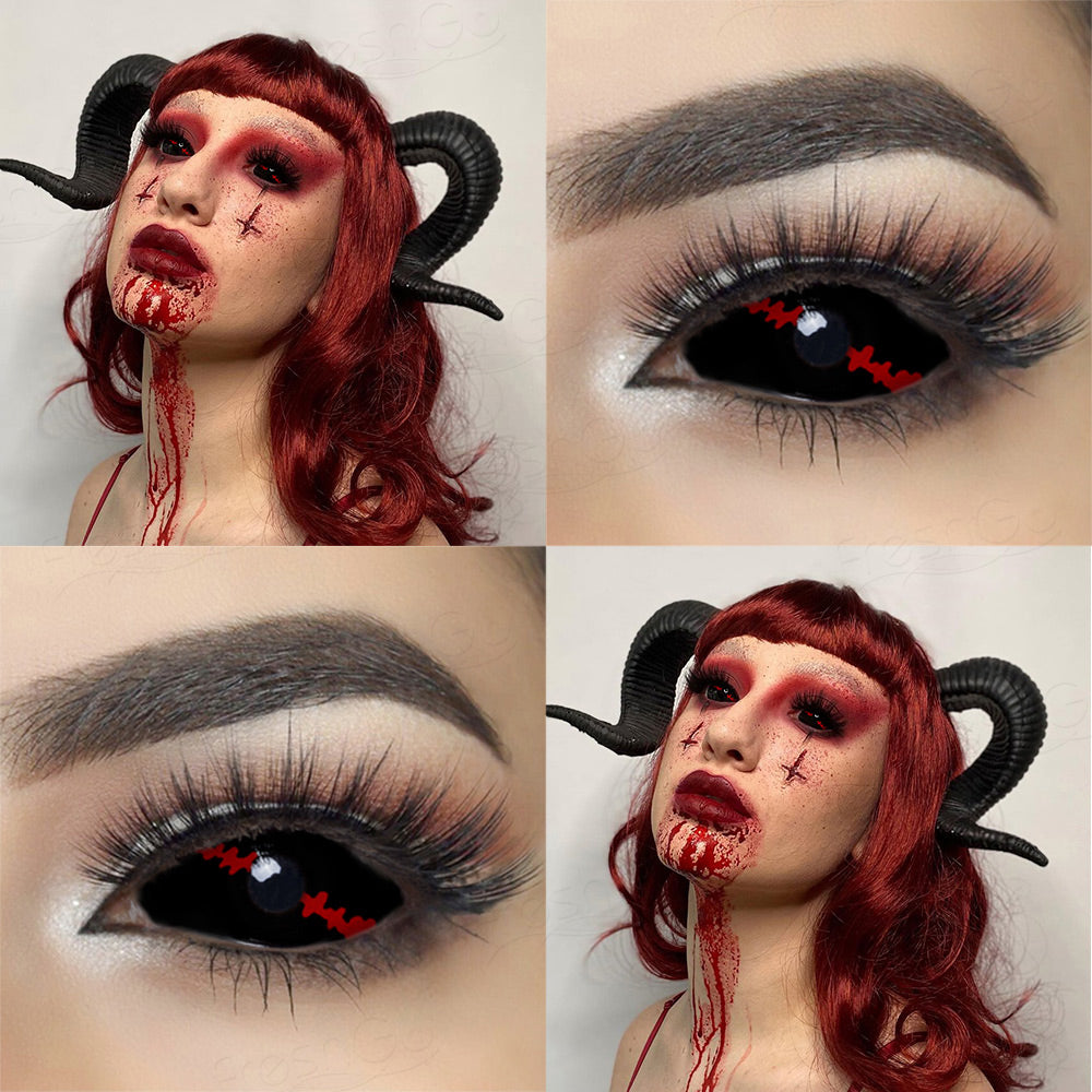 Redlash 22mm black sclera lenses which entirely cover the sclera and iris