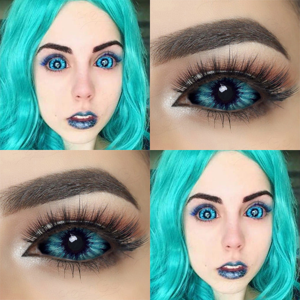 Light blue and black 22mm sclera contact lenses which entirely cover the sclera and iris