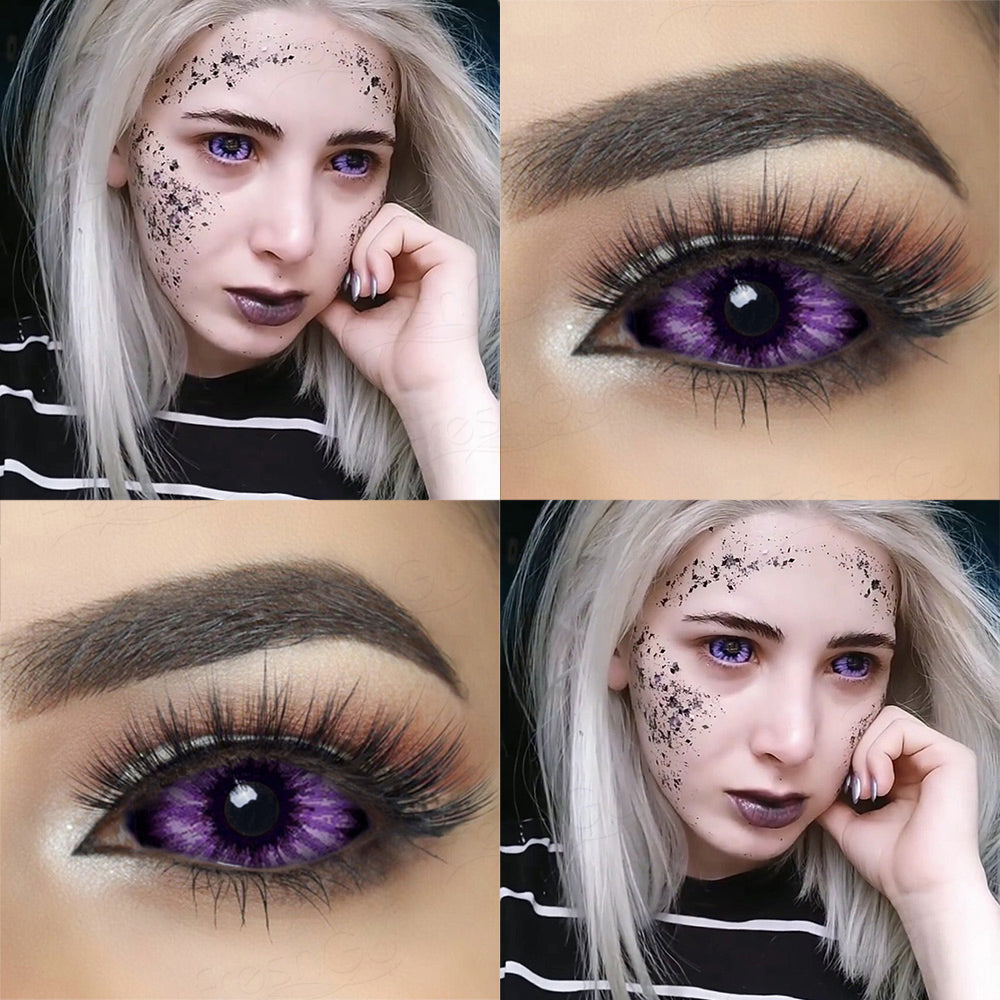 Purple and black 22mm sclera contact lenses which entirely cover the sclera and iris