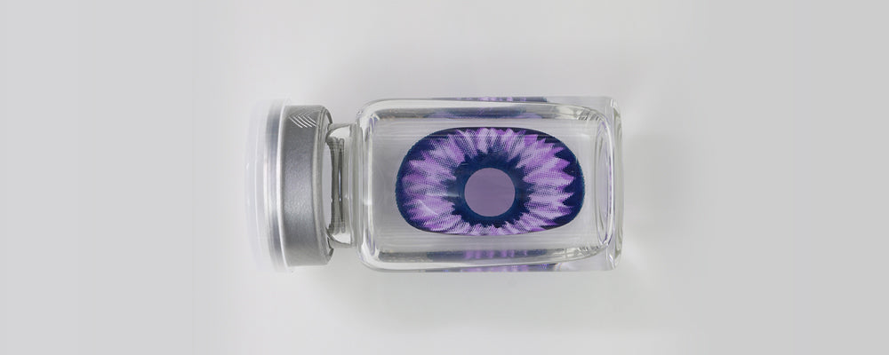 Purple and black 22mm sclera lenses which entirely cover the sclera and iris