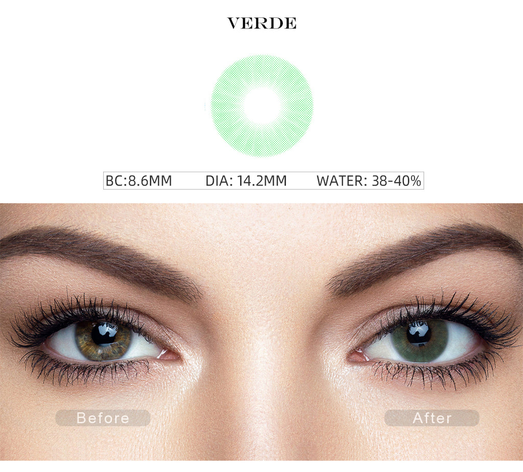 Hidrocor Verde Green colored contacts for dark eyes before and after