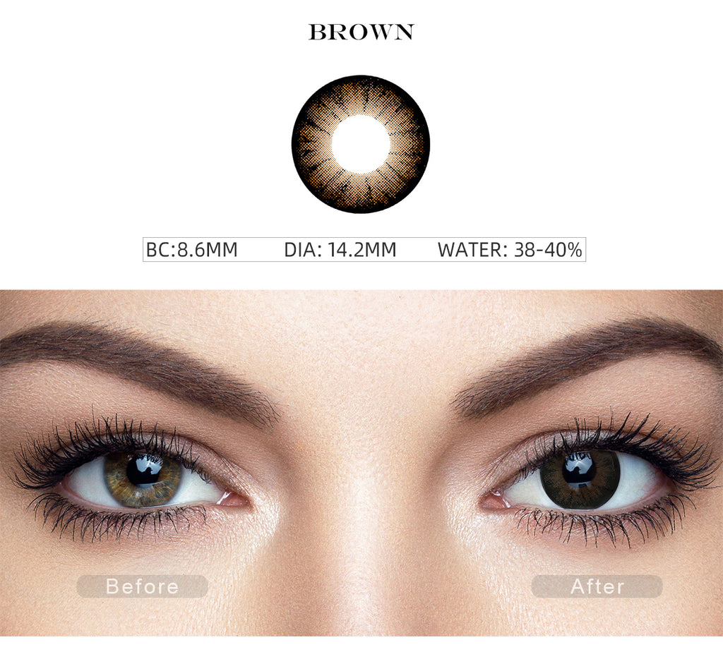 Glass Ball Chocolate Brown contact lenses with before and after photo