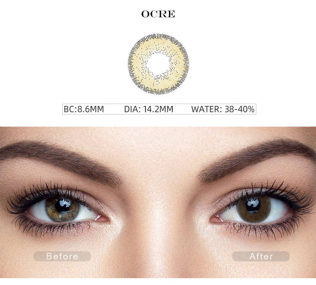 Nature Ocre Brown color contact lenses with before and after photo