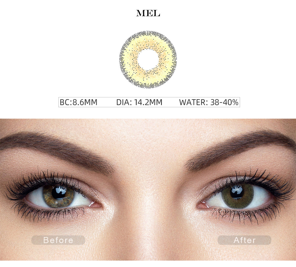 Natural Mel color contact lenses with before and after photo