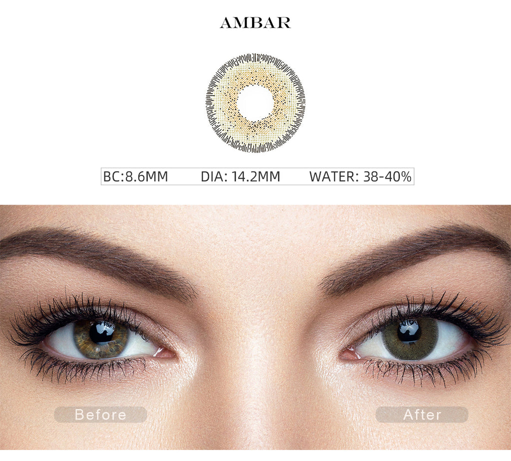 Natural Ambar color contact lenses with before and after photo