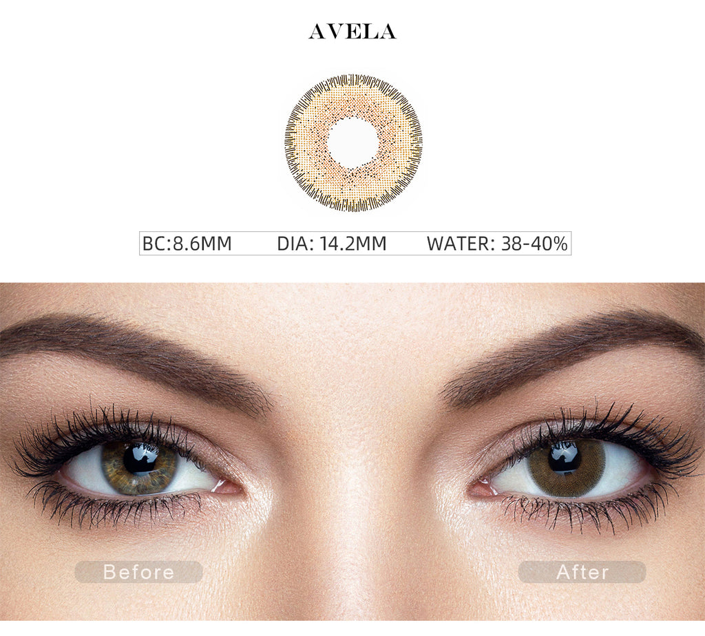 Natural Avela Brown color contact lenses with before and after photo