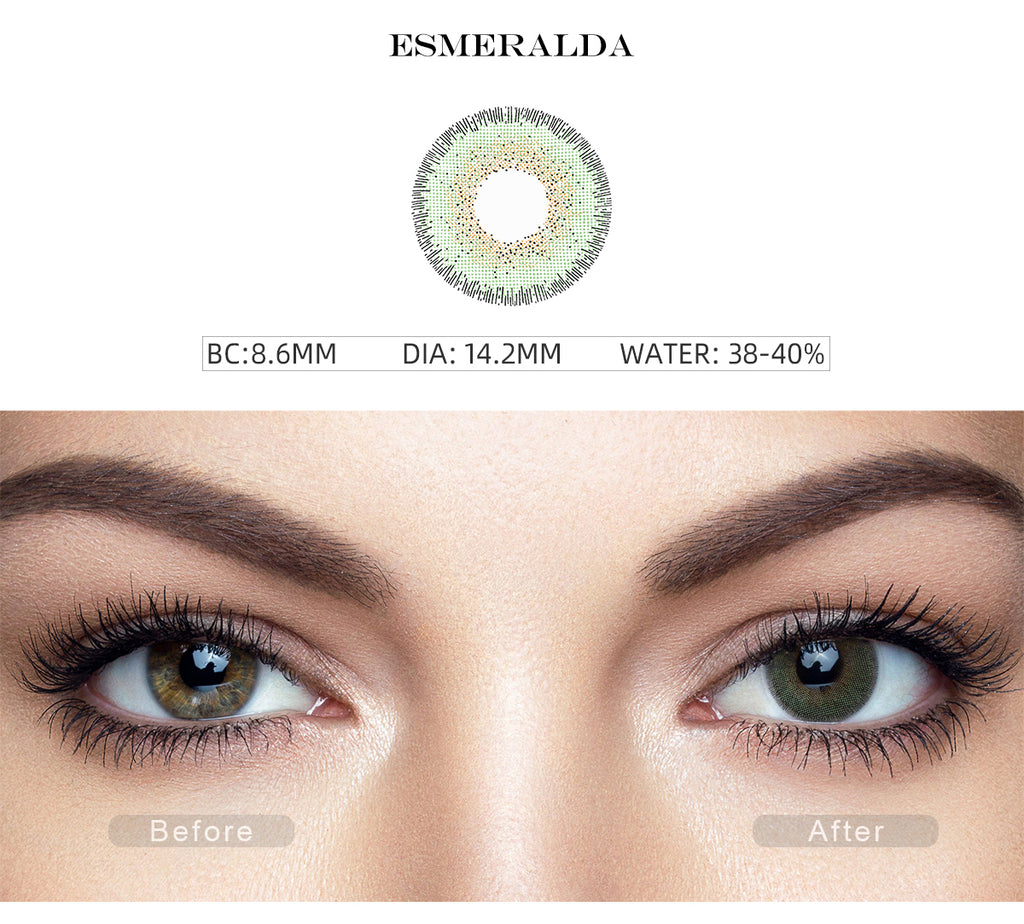 Natural Esmeralda Green color contact lenses with before and after photo