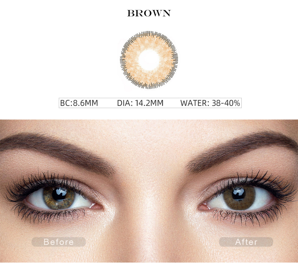 Premium Caramel Brown prescription colored contacts with before and after photo