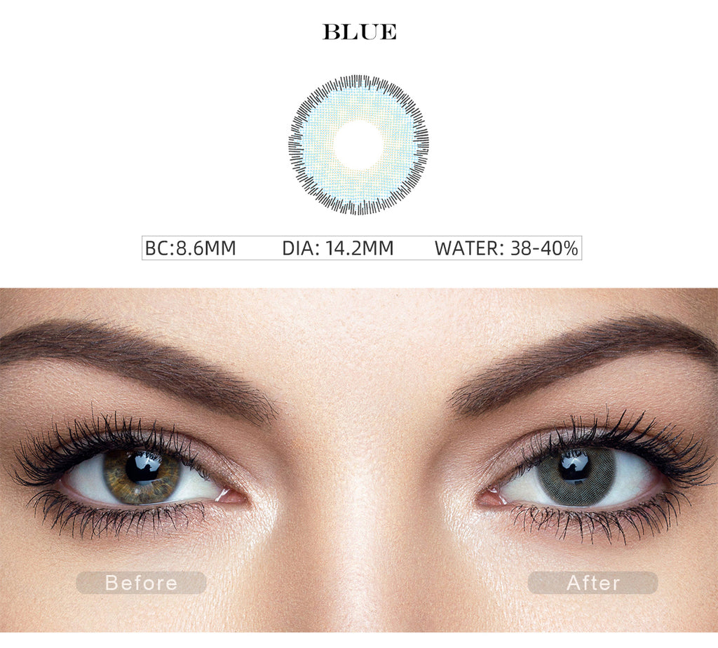 Premium Blue colored contact lenses with before and after photo