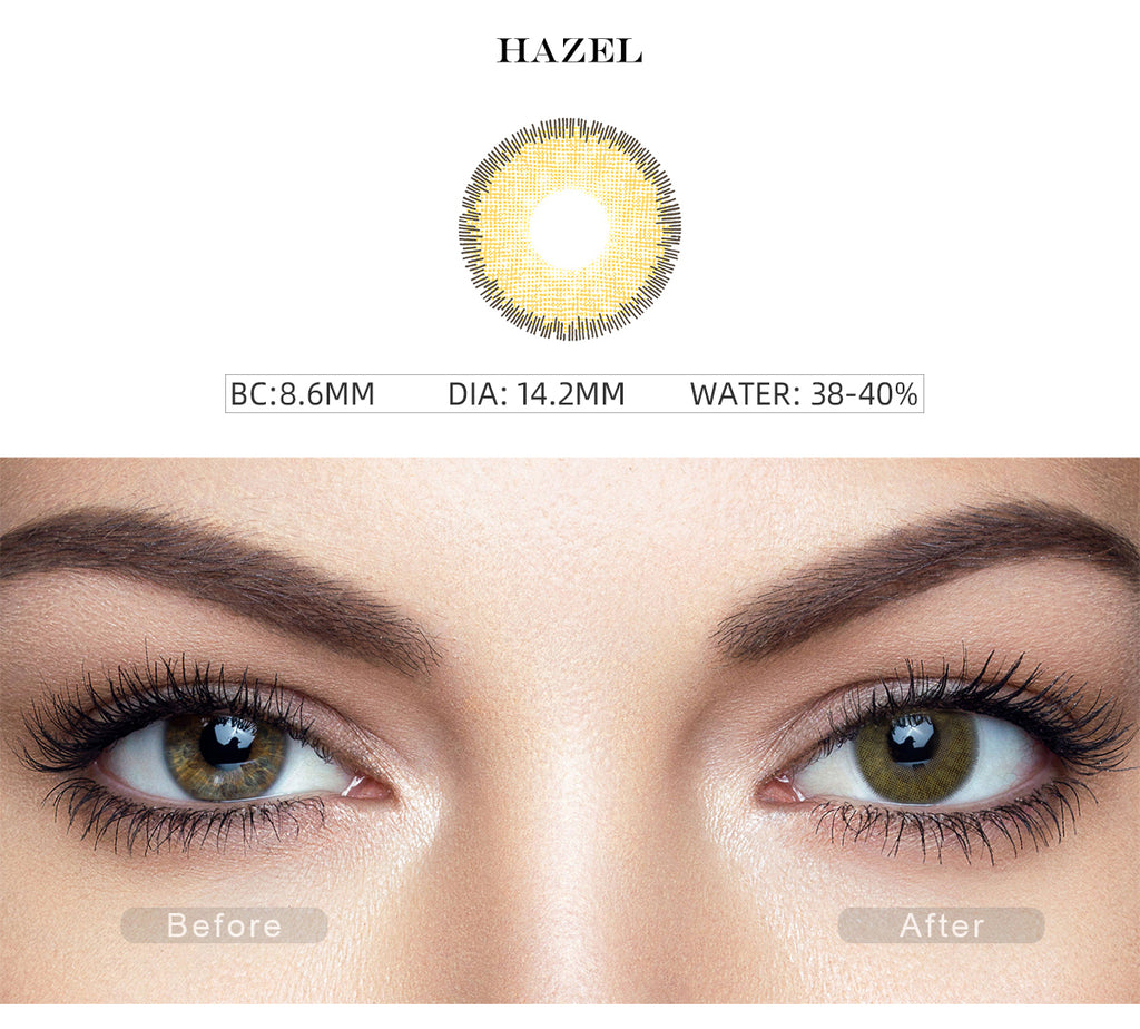 Premium Hazel color contact lenses with before and after photo