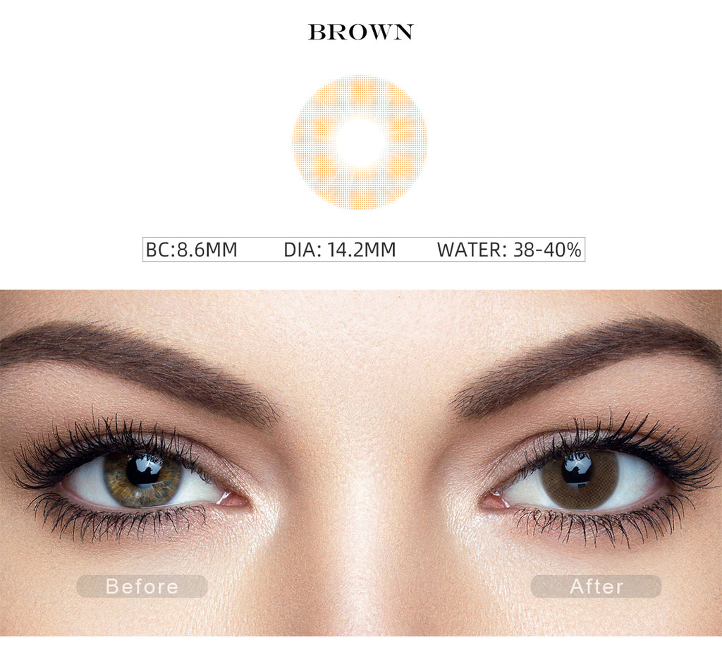 Hidrocor II Honey Brown color contact lenses with before and after photo