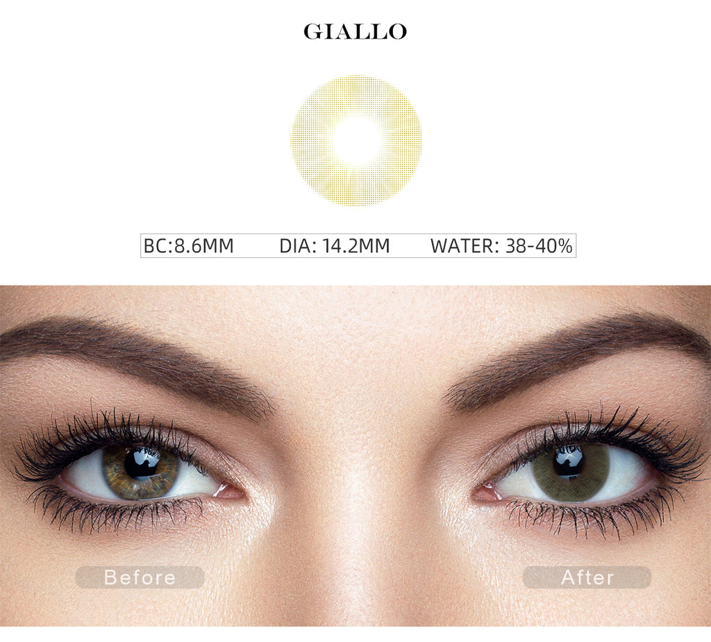 Hidrocor II Giallo Yellow color contact lenses with before and after photo