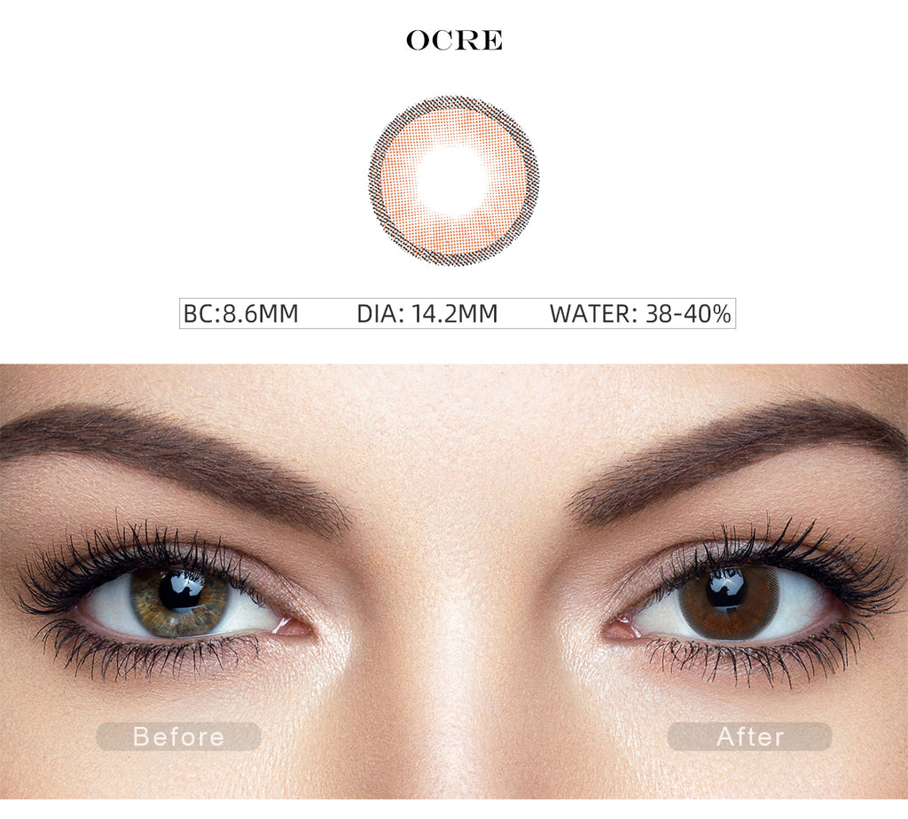 Hidrocharme Ocre Brown color contact lenses with before and after photo