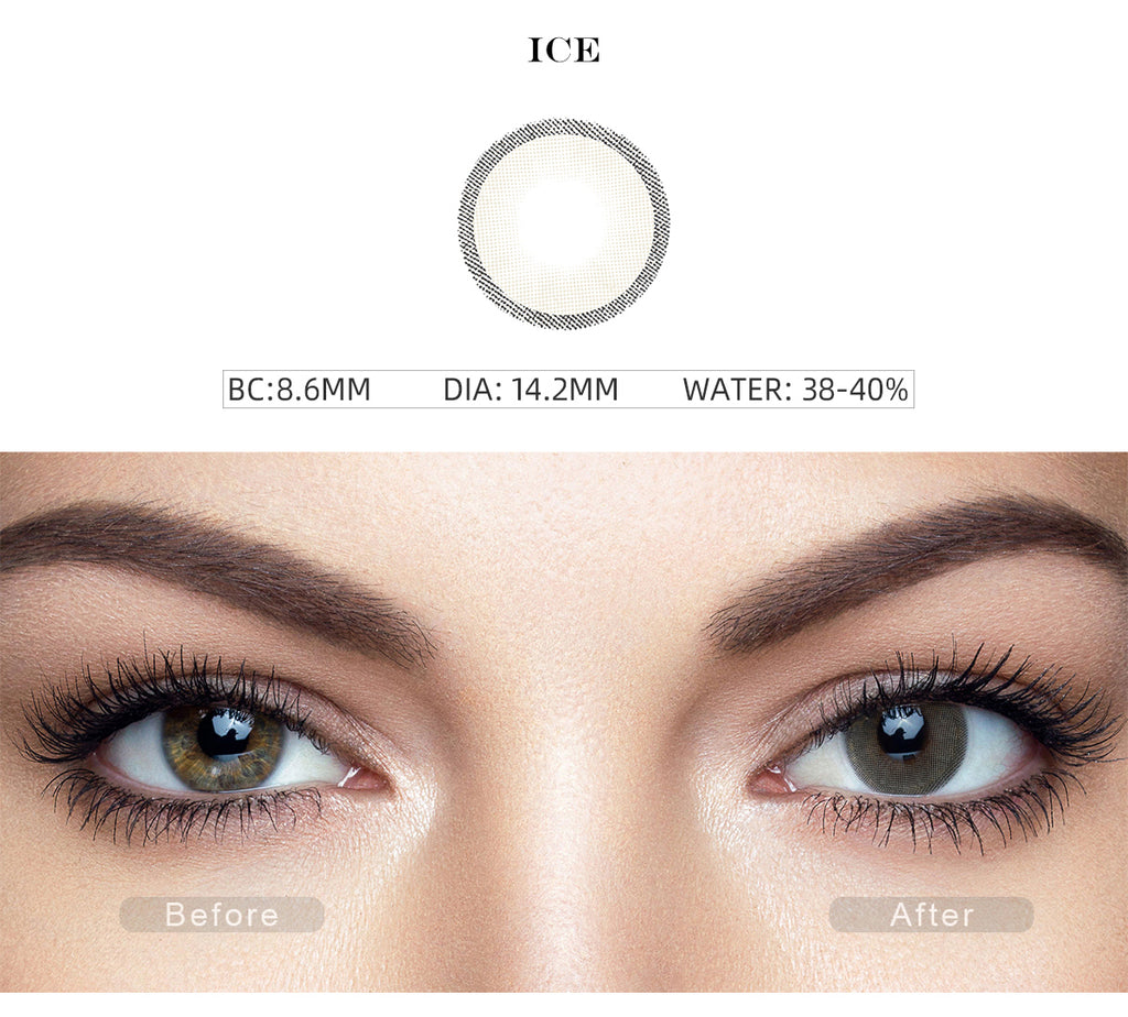 Hidrocharme Ice Gray color contact lenses with before and after photo