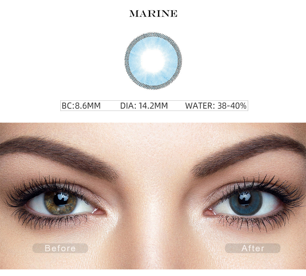Hidrocharme Marine Blue color contact lenses with before and after photo