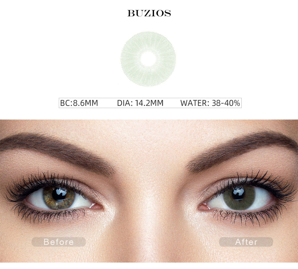 Rio Buzios Green color contact lenses with before and after photo