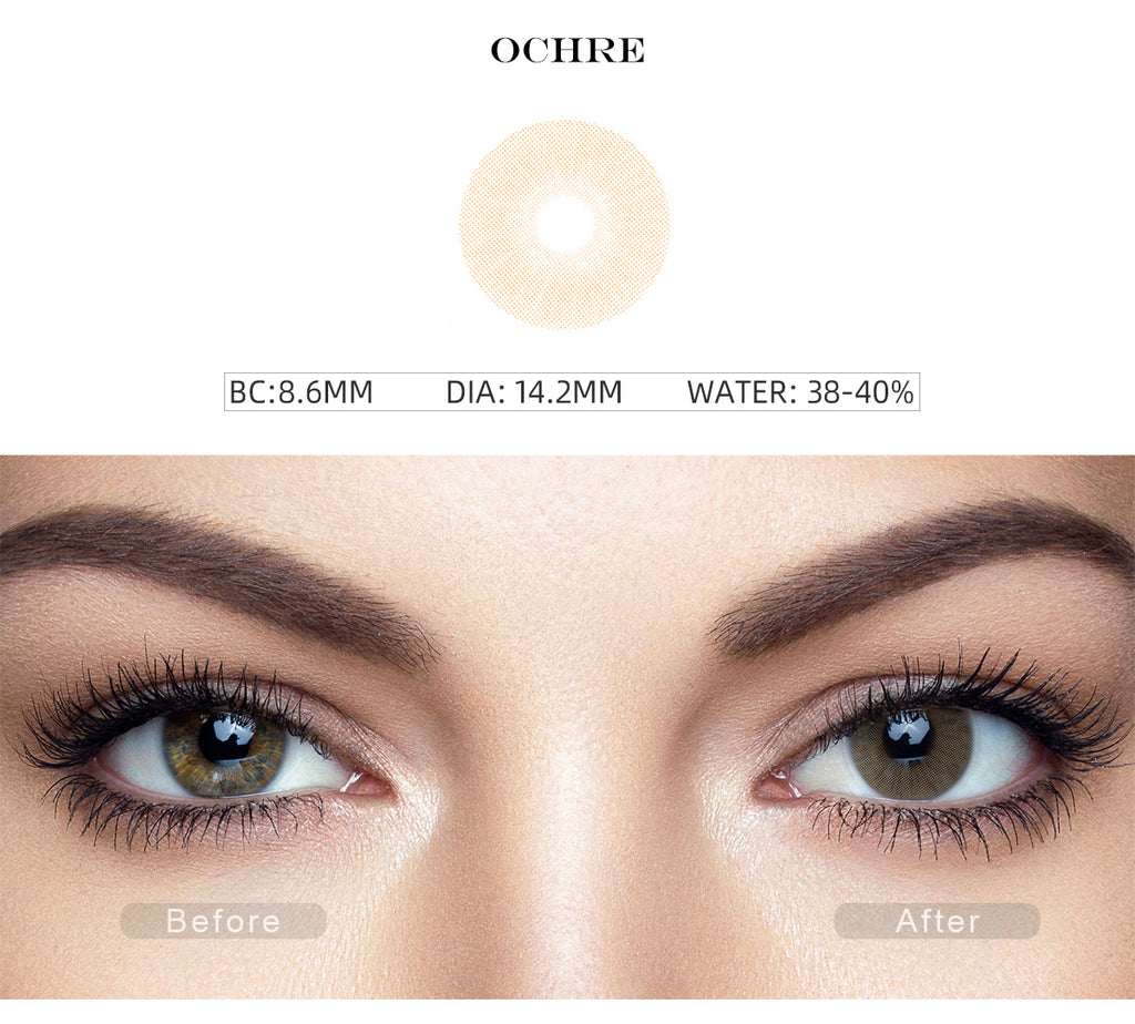 Rio Ochre Brown color contact lenses with before and after photo