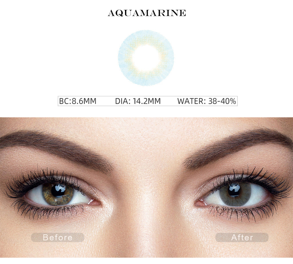Fancy Aquamarine Blue color contact lenses with before and after photo