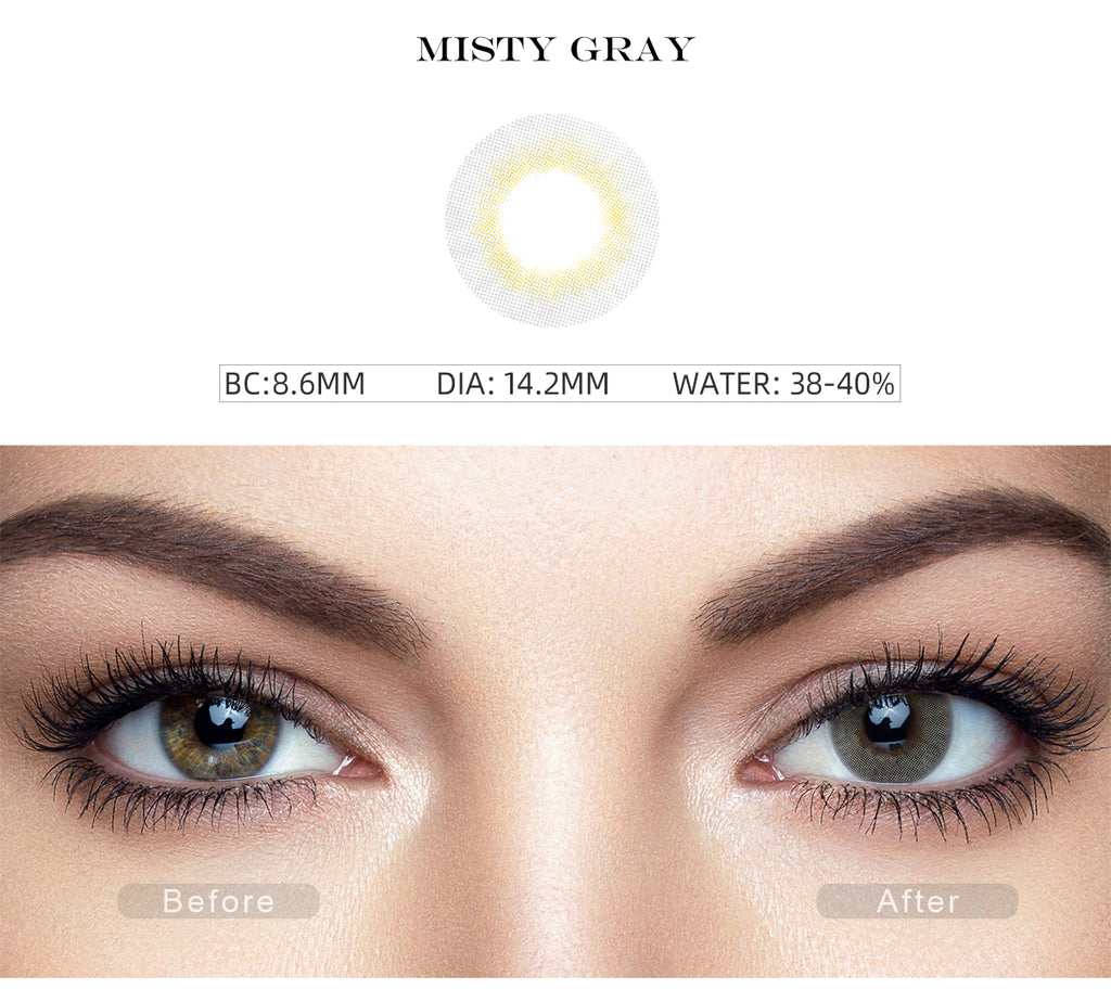 Fancy Misty Gray color contact lenses with before and after photo