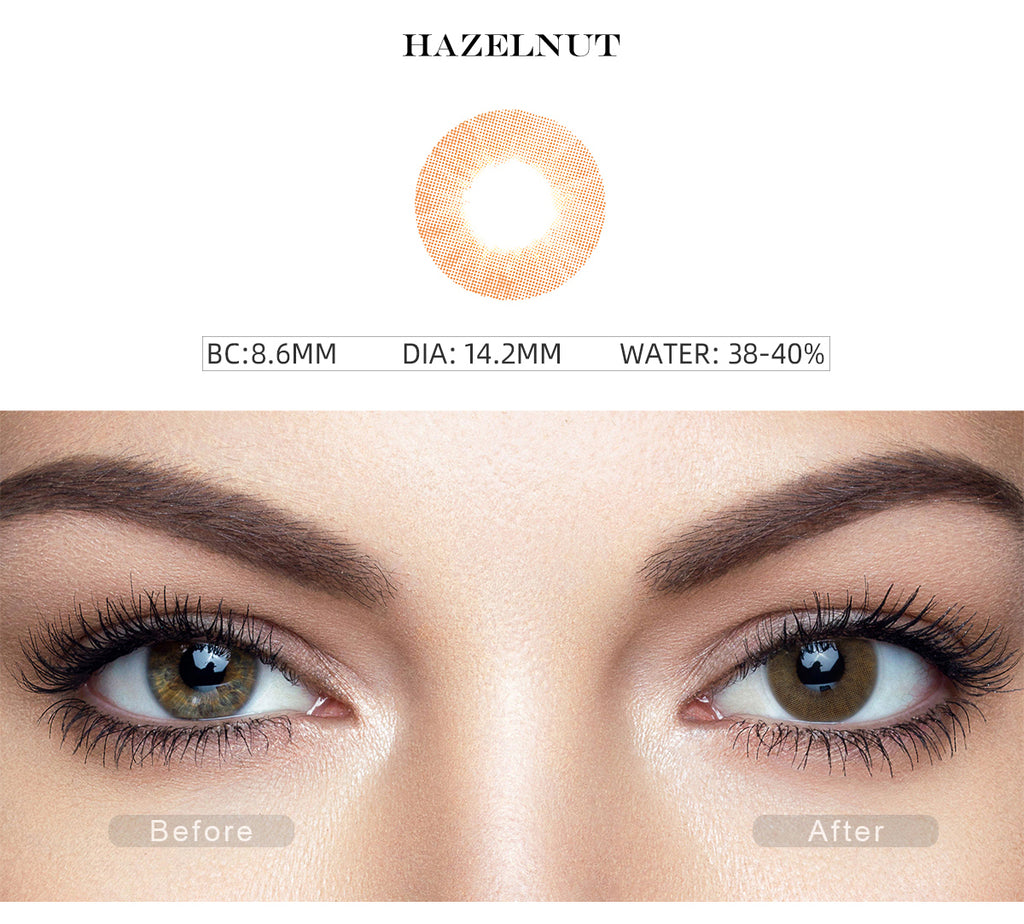 Fancy Hazelnut Brown color contact lenses with before and after photo