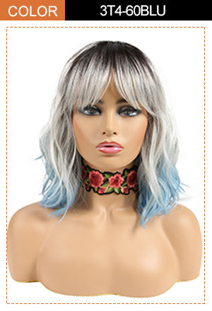 synthetic wavy bob wig with bangs blue