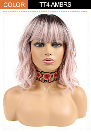 wavy bob wig with bangs pink color