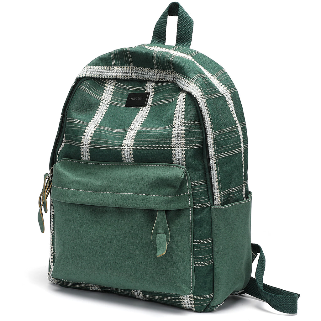 绿色格纹帆布磨砂面仿皮口袋设计后背包