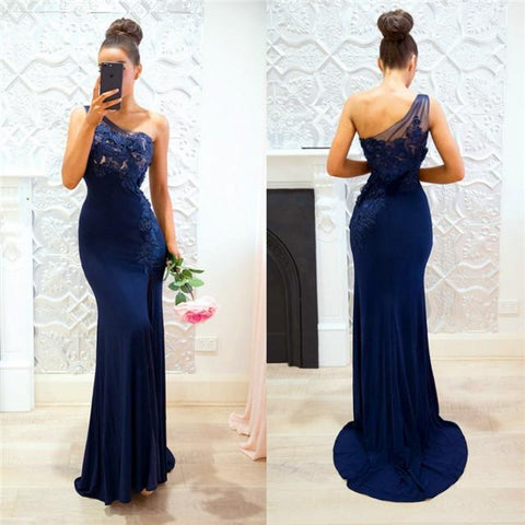 Cheap One-shoulder Navy Blue Bridesmaid Dresses