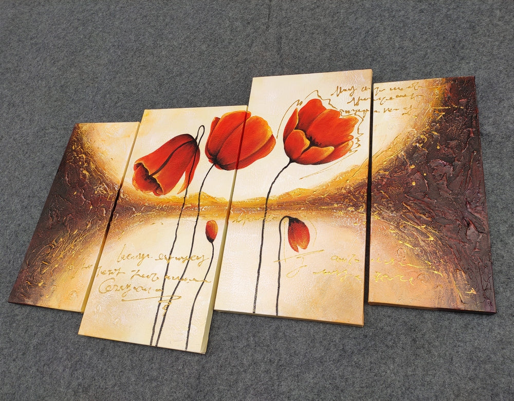 Flower Painting, Red Tulip Painting, 4 Panel Canvas Painting, Acrylic Painting for Sale, Paintings Flower