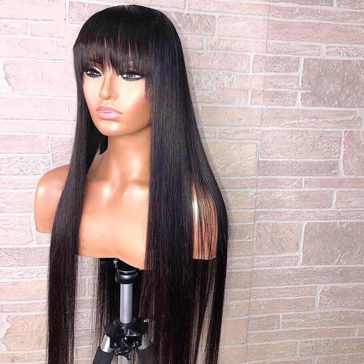 13X6 Fake Scalp Lace Front Wig Brazilian Remy Straight Wig With Bangs Pre plucked Glueless Human Hair Wigs