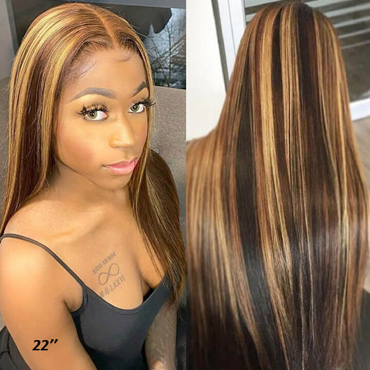 13x4 Highlight Brown Blonde Brazilian Straight Lace Frontal Human Hair Wigs Streaks