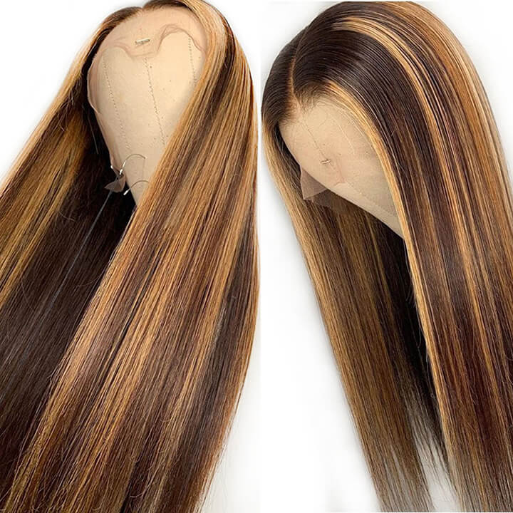 13x4 Highlight Brown Blonde Brazilian Straight Lace Frontal Human Hair Wigs Streaks
