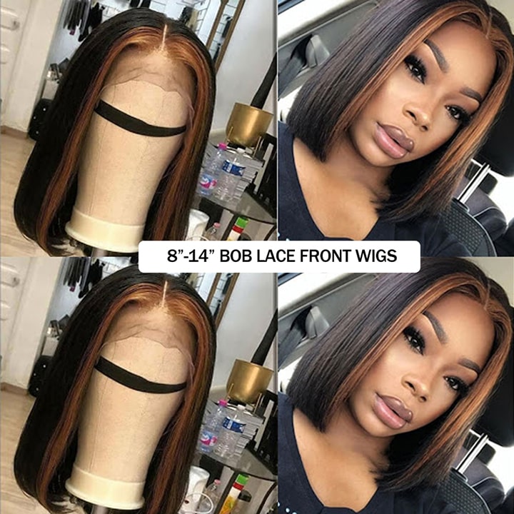 Highlight Bob Wig Ombre Brown Honey Blonde Short Bob Wigs for Black Women Transparent Lace Front Wig Colored Human Hair Wigs