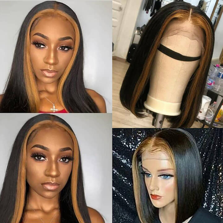 Highlight Bob Wig Ombre Brown Honey Blonde Short Bob Wigs for Black Women Transparent Lace Front Wig Colored Human Hair Wigs