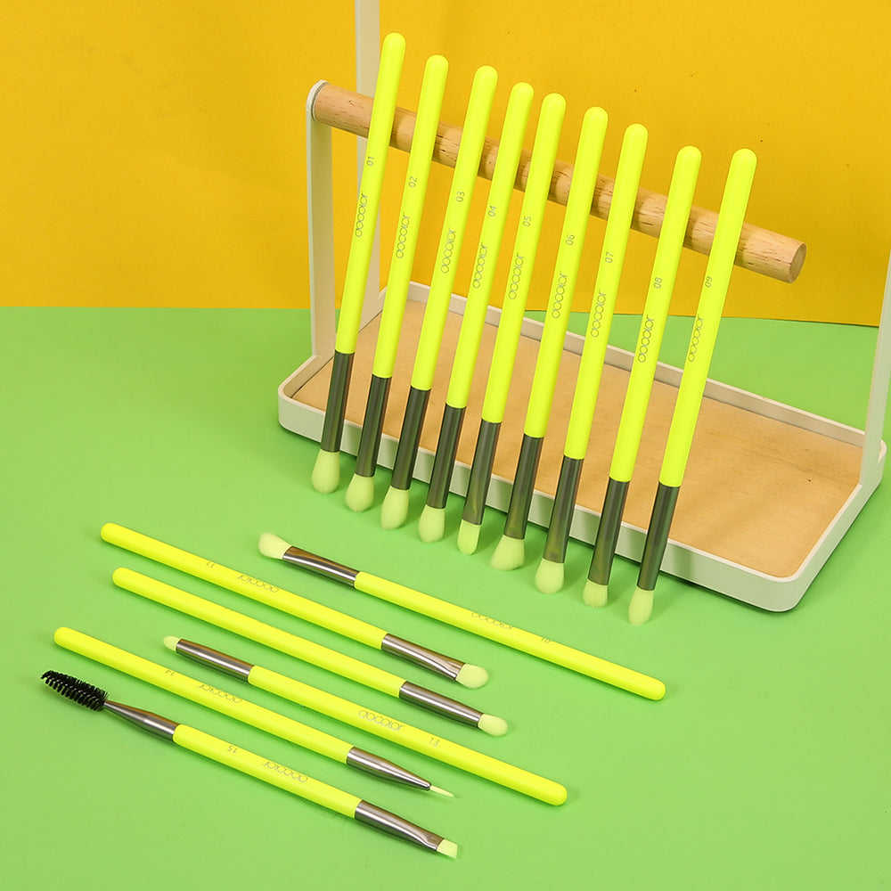 Docolor Makeup brushes - Neon Green 15 Pieces Eye Brush Set - best makeup brushes professional makeup brushes eye makeup brush neon brush popular makeup brand