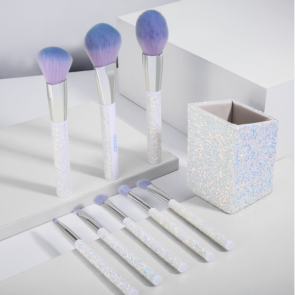 8 Pieces Sparkle Brush Set With Holder (White)
