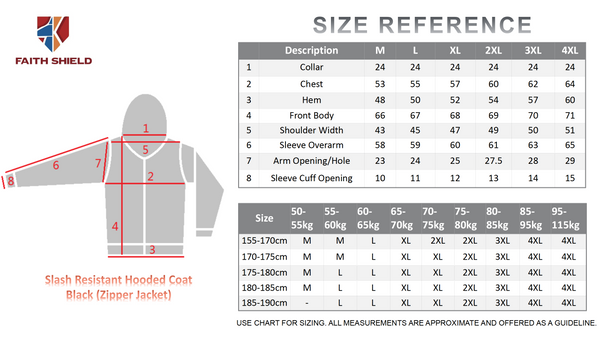 Slash Resistant Hooded Coat (Zipper Jacket) size guide