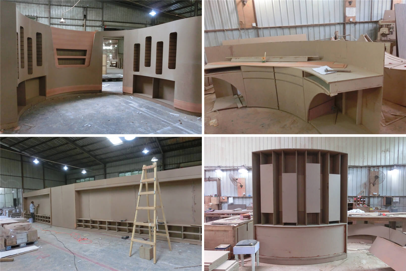 Wooden structure of display cabinet of optical shop in factory