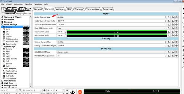 How to set the output current in VESC