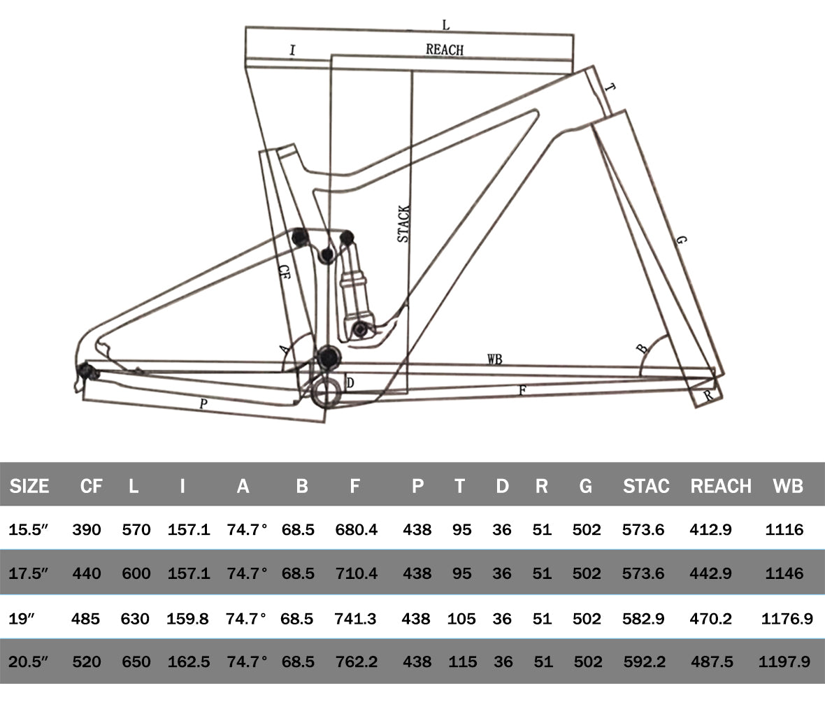 MFM100 Suspension MTB Frame Size Details