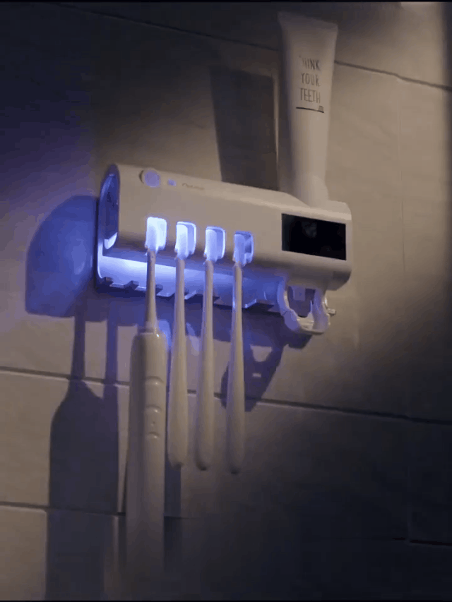 UV Toothbrush Sanitizer Holder Toothpaste Dispenser Wall Mounted Toothbrush Organizer Solar Powered For Family - AcomplexWall