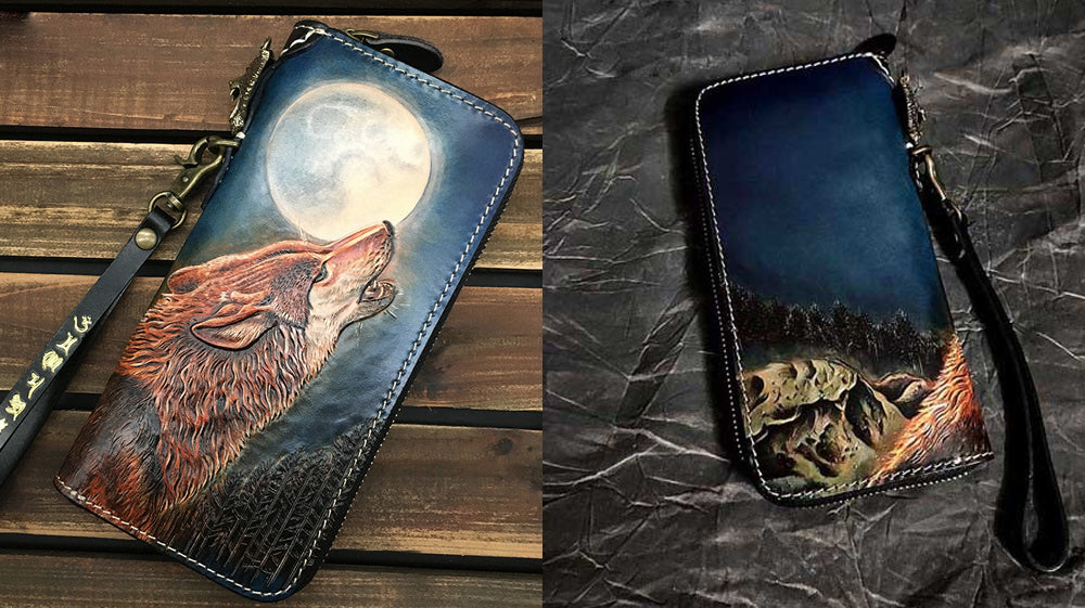 Handmade Leather Biker Wallet, Wolf Long Tooled Biker Wallet, Checkbook Leather Biker Wallet, Trucker Wallets with Chains
