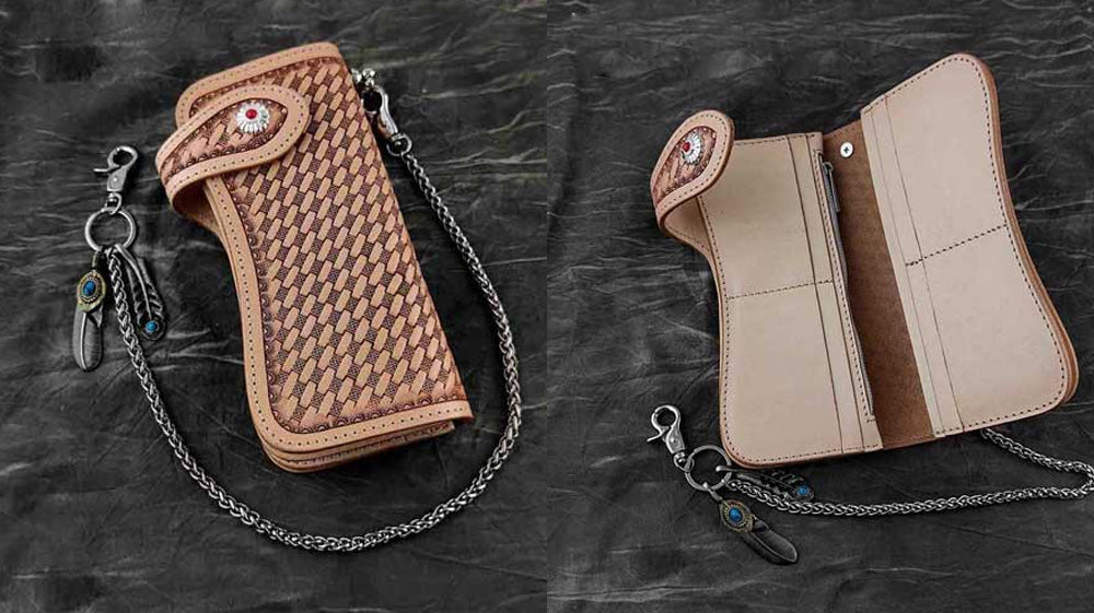 Leather Biker Wallet, Long Bifold Biker Wallet, Mens Motorcycle Chain Wallet, Trucker Wallets with Chains