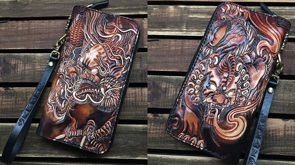 Chinese Dragon Leather Biker Wallet, Long Bifold Biker Wallet, Tooled Leather Biker Wallet, Trucker Wallets with Chains