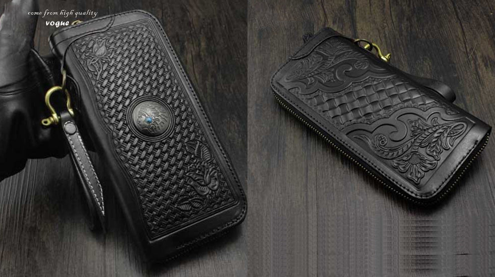 Black Leather Biker Wallet, Long Biker Chain Wallet, Floral Leather Motorcycle Wallet, Trucker Wallets with Chains